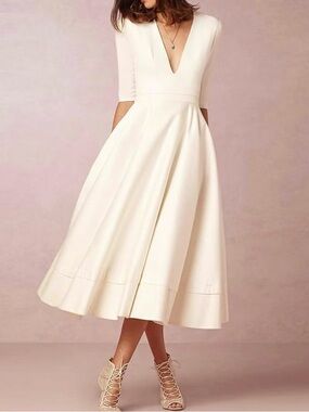 Elegant Ivory V-Neck Midi Dress